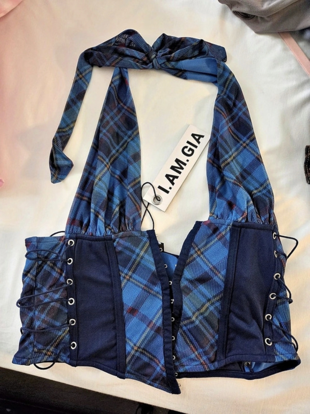 I.AM.GIA Corset Plaid Halter Crop Top